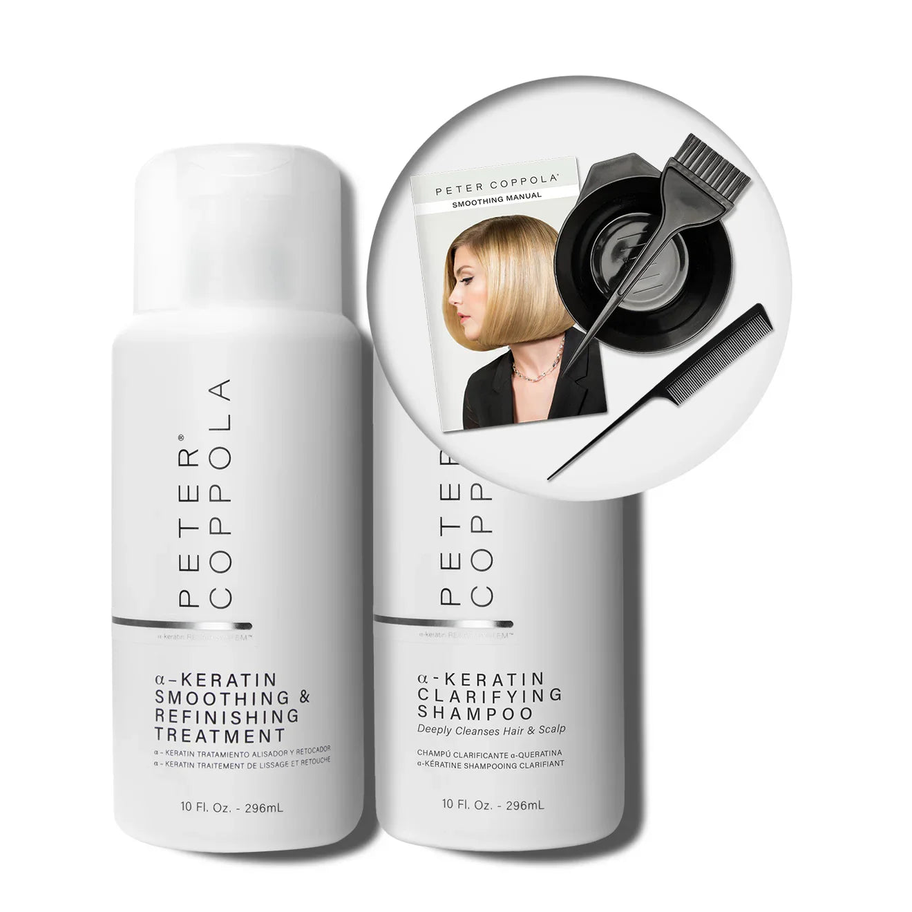 Two bottles of Peter Coppola hair care keratin smoothing treatment products with a close-up inset showing a woman with blonde hair.