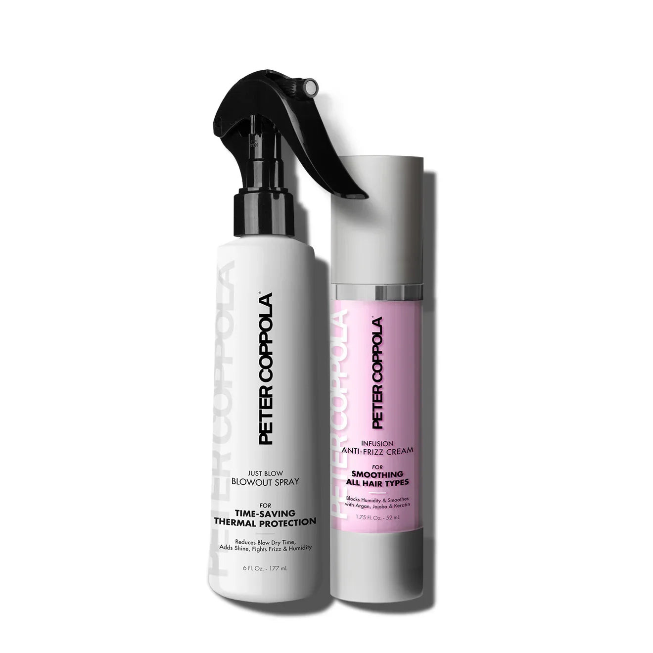 Two hair care products by Peter Coppola on a white background. Just Blow Blowout spray and infusion anti-frizz cream