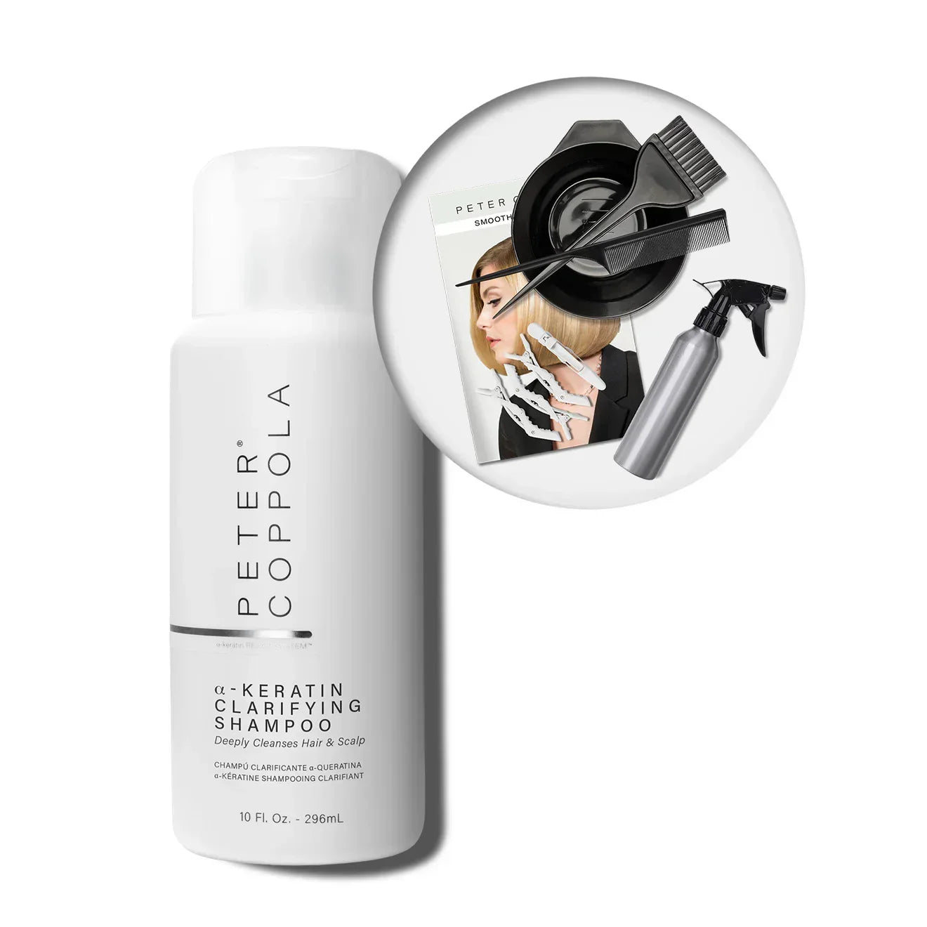 Peter Coppola shampoo bottle with a close-up inset showing hair care tools.