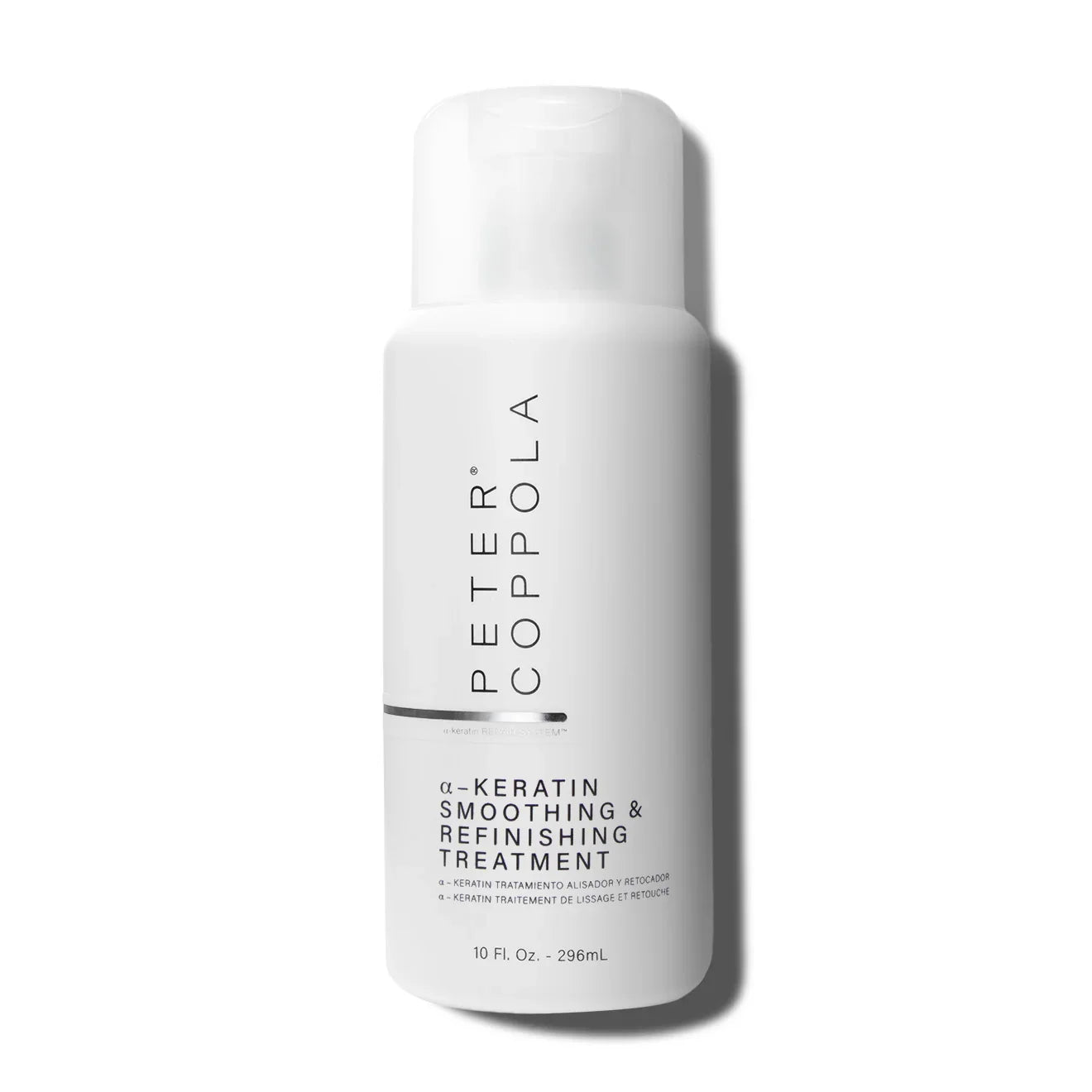 Peter Coppola bottle of keratin smoothing and refinishing treatment for smooth hair on a white background