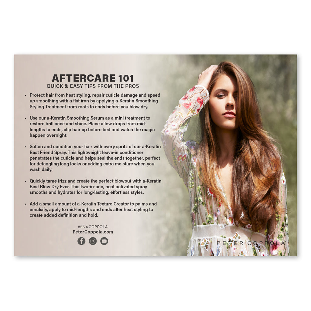 front of postcard. model with brown hair and text giving aftercare tips from the pros