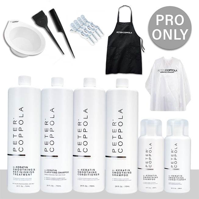 white mixing bowl, 4 white hair clips, application brush, comb, black apron with logo, white cape with logo, 10 ounce bottle of a-keratin smoothing and refinishing treatment, 10 ounce bottle of a-keratin clarifying shampoo, 10 ounce bottle and 24 ounce bottle of a-keratin smoothing shampoo, 10 ounce bottle and 24 ounce bottle of a-keratin smoothing conditioner