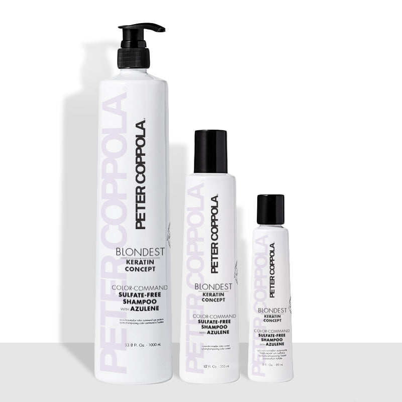3 ounce, 12 ounce and 33.8 ounce bottles of blondest sulfate-free shampoo with azulene