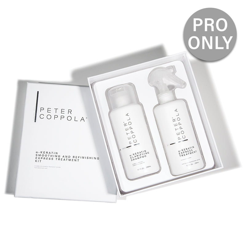 2 bottles in a white box. 10 ounce bottle a-keratin clarifying shampoo, 10 ounce spray bottle os a-keratin express smoothing treatment