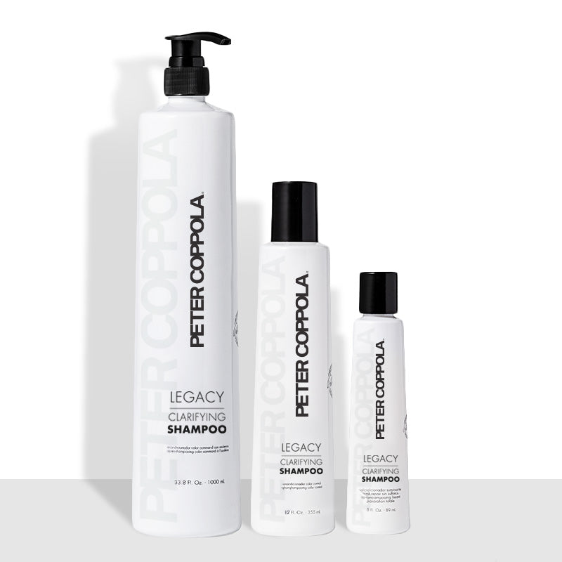 3 ounce, 12 ounce and 33.8 ounce bottles of legacy clarifying shampoo