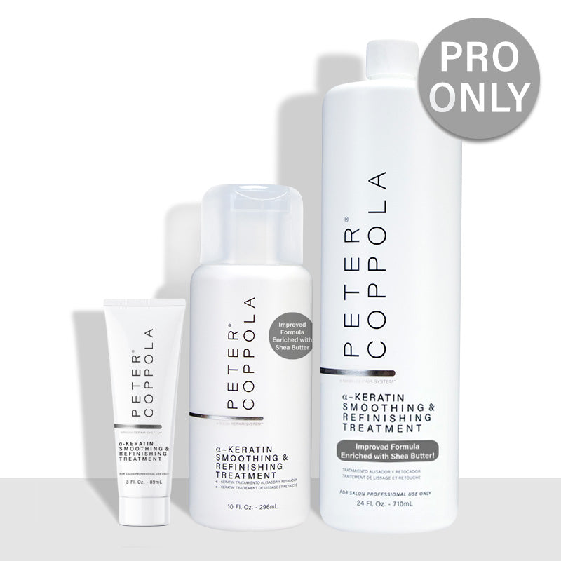 3 bottles. 3 ounce, 10 ounce and 24 ounce white bottles of a-keratin smoothing and refinishing treatment