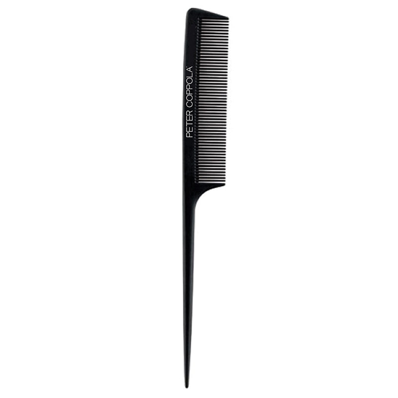black tail comb with peter coppola logo printed in white on the side