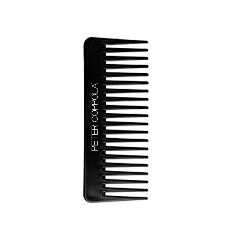 black wide-tooth comb with peter coppola logo printed on side