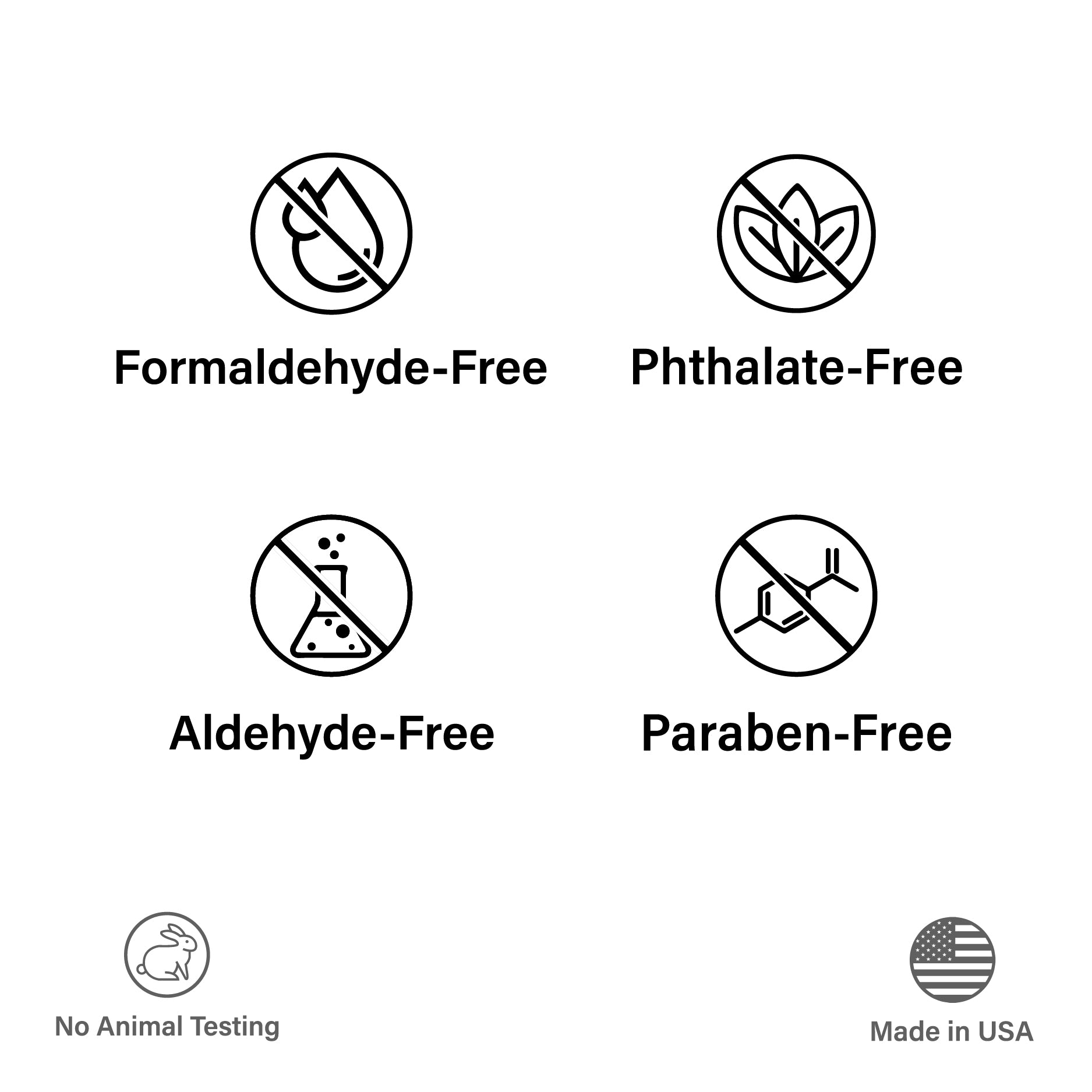 A series of icons. These icons state Formaldehyde Free, Phthalate Free, Aldehyde Free, Paraben Free, No Animal Testing, Made in USA.