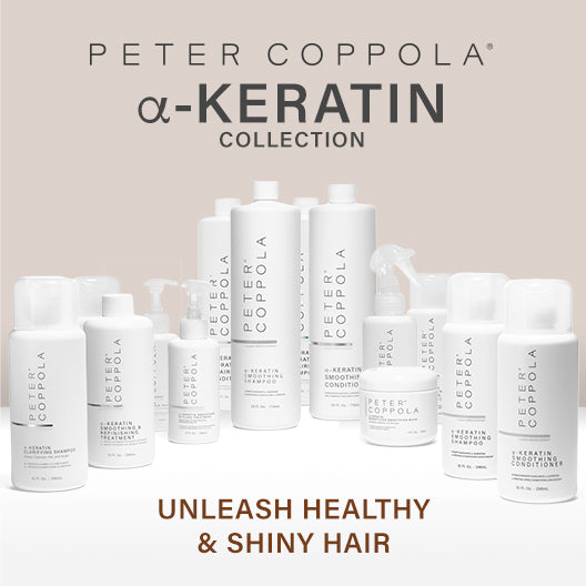 image of white bottles of the a-keratin collection on a pink background and text