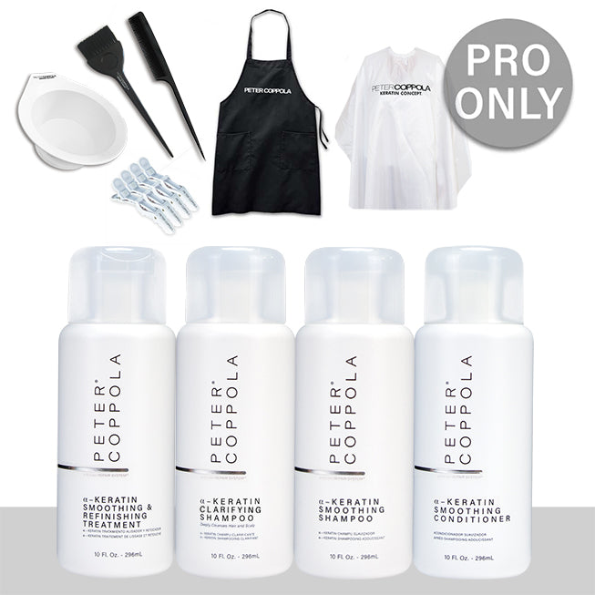 white mixing bowl, 4 white hair clips, application brush, comb, black apron with logo, white cape with logo, 10 ounce bottle of a-keratin smoothing and refinishing treatment, 10 ounce bottle of a-keratin clarifying shampoo, 10 ounce bottle of a-keratin smoothing shampoo, 10 ounce bottle of a-keratin smoothing conditioner
